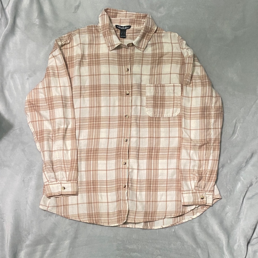 Beige and White Plaid Button Down Shirt